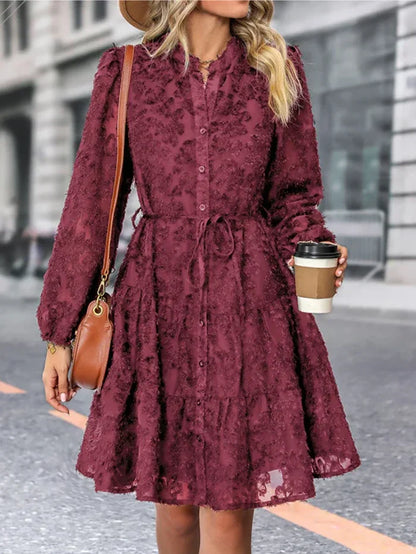 Women's Lace Dress - Long Sleeve Jacquard - Button Front - Tie Waist Elegant Fit