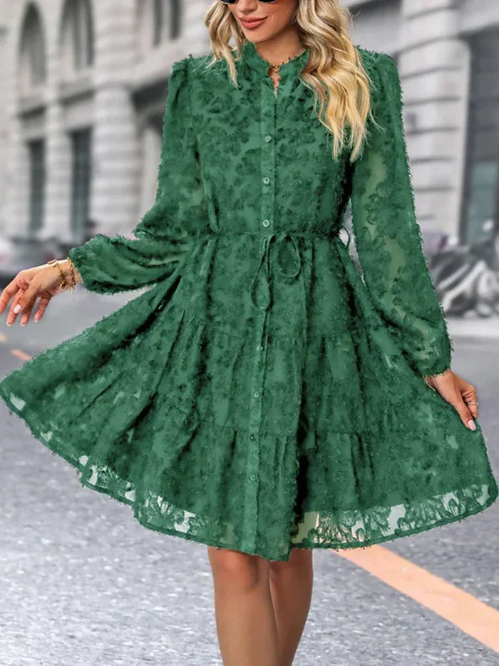 Women's Lace Dress - Long Sleeve Jacquard - Button Front - Tie Waist Elegant Fit