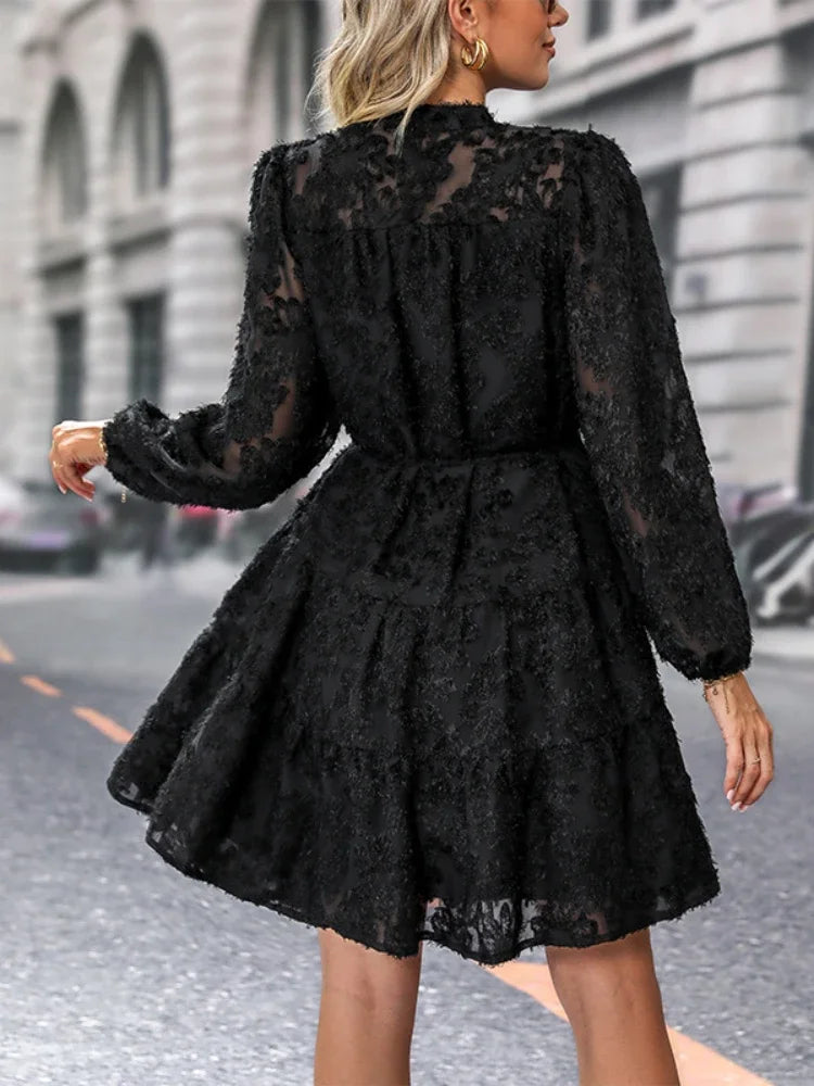 Women's Lace Dress - Button-Up Front - Long Sleeve - Belted Waist - Elegant Fit