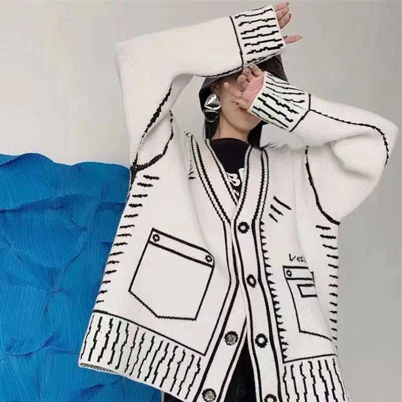 Women's black and white knitted loose slouchy cardigan