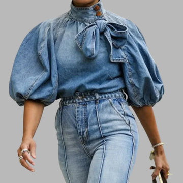 Women's loose puff sleeve denim short top