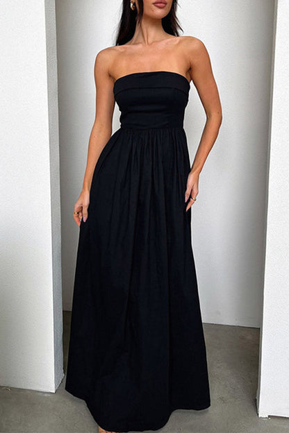 Women's strapless shirred pleated maxi dress