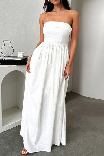 Women's strapless shirred pleated maxi dress