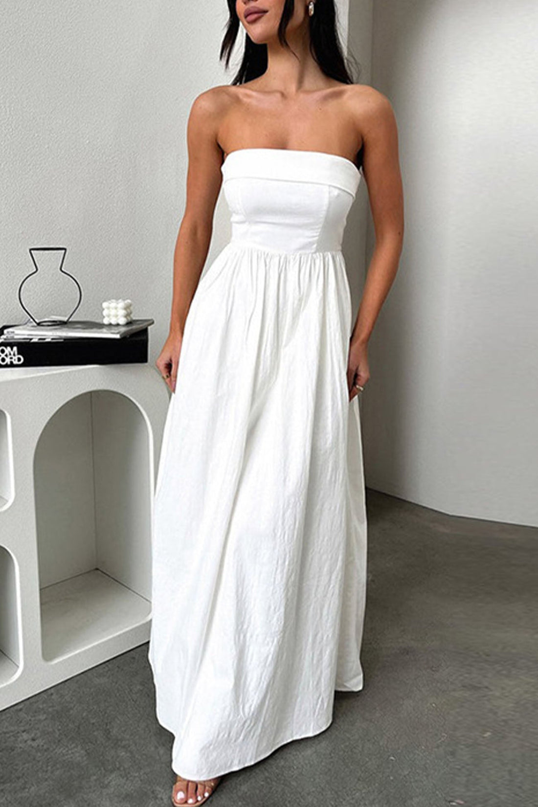 Women's strapless shirred pleated maxi dress