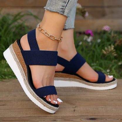 Women's Platform Sandals - Espadrille Jute Sole - Slip-On with Fabric Straps