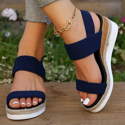 Women's Platform Sandals - Espadrille Jute Sole - Slip-On with Fabric Straps