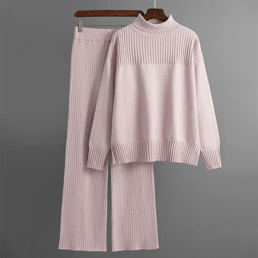 High Collar Knitted Solid Color Two-Piece Set