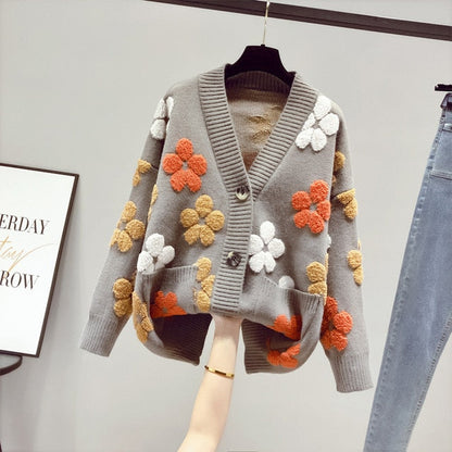 women's v-neck floral pocket button-down knit cardigan