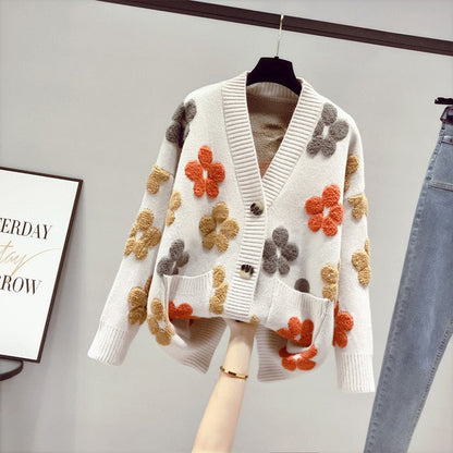 women's v-neck floral pocket button-down knit cardigan