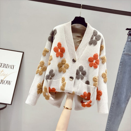 Floral Knit V-Neck Button-Down Cardigan