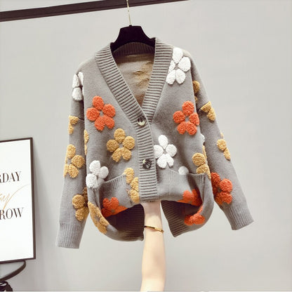 women's v-neck floral pocket button-down knit cardigan