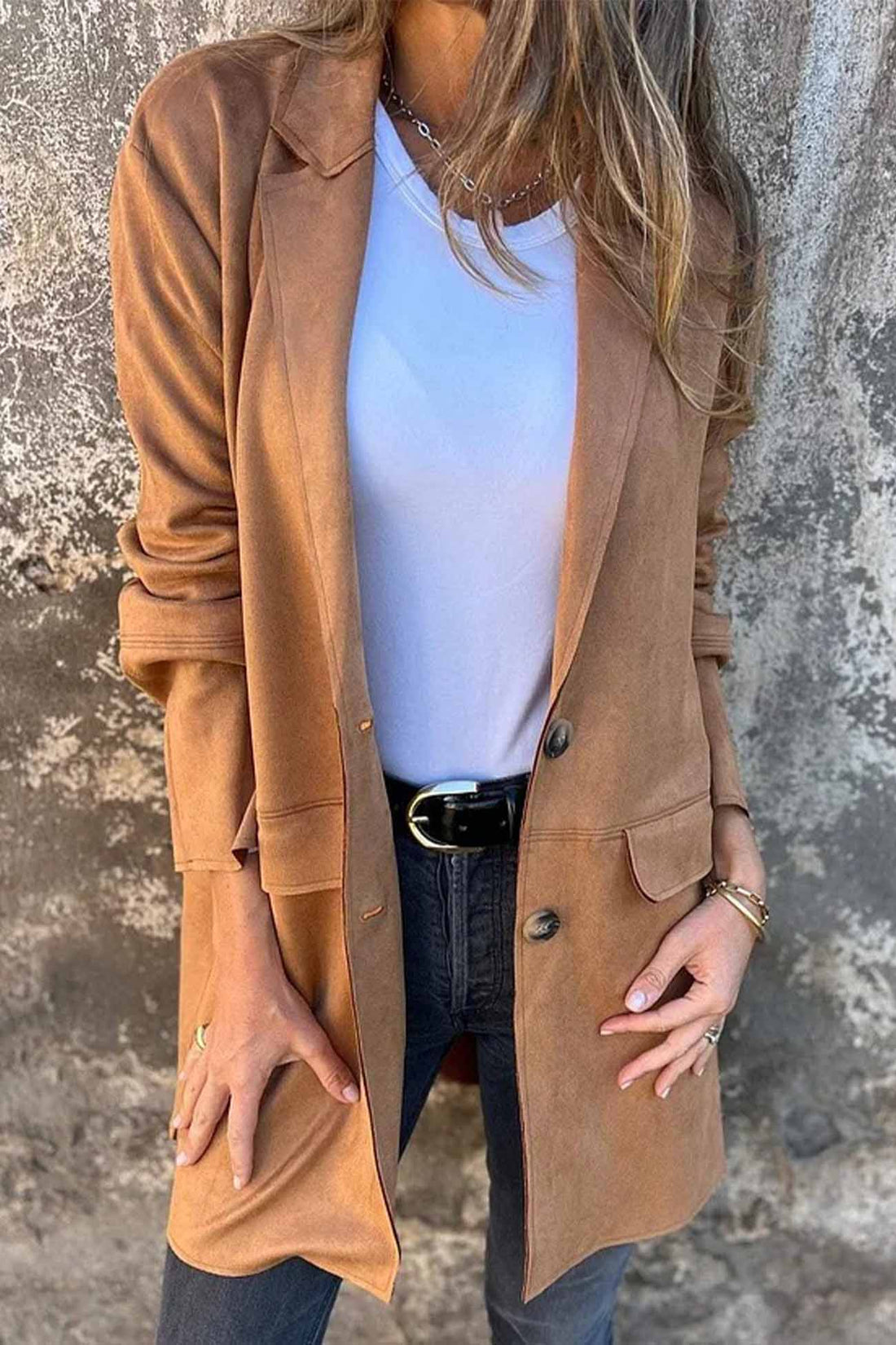 Women's faux suede button-down lapel jacket