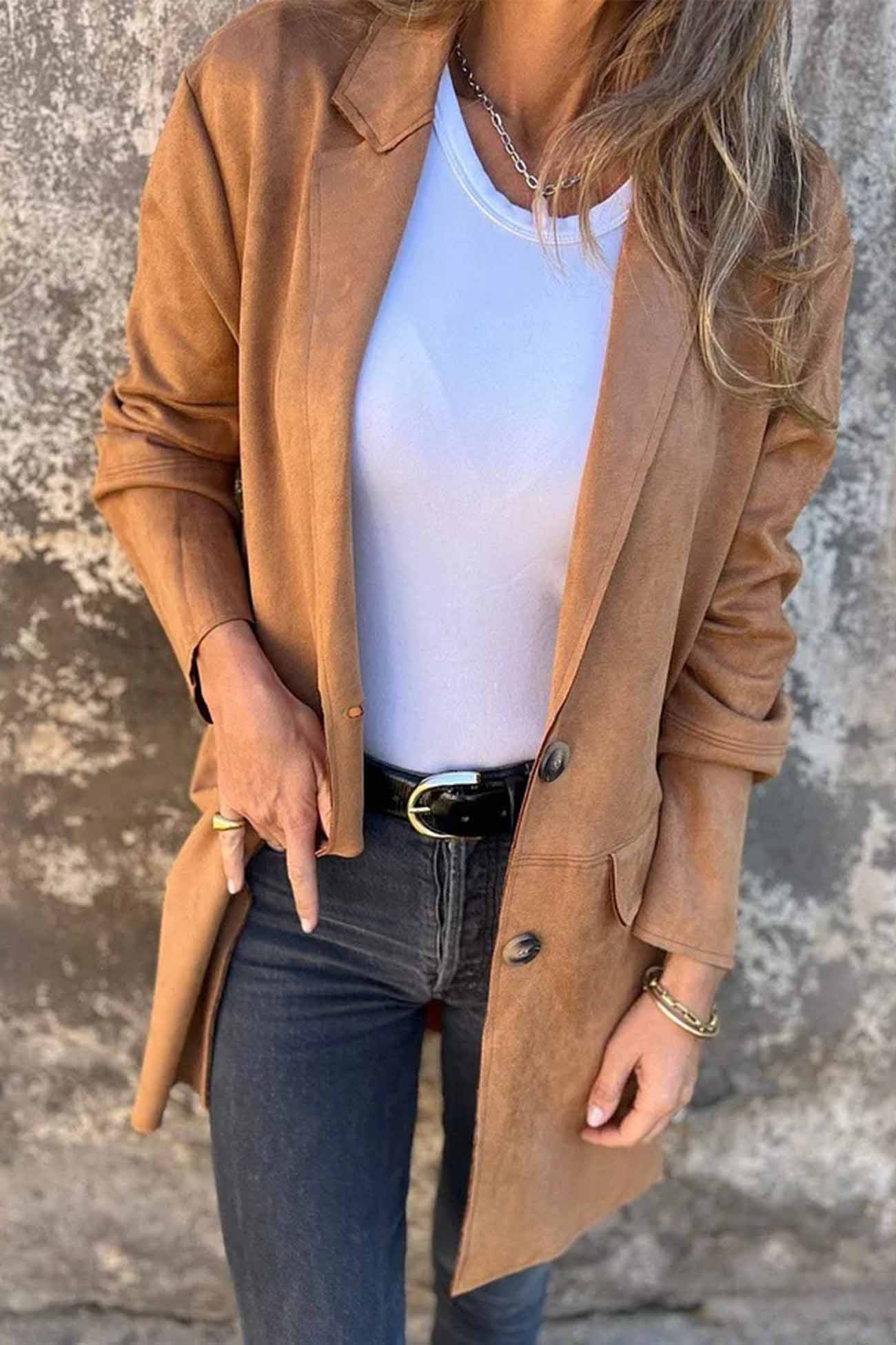 Women's faux suede button-down lapel jacket