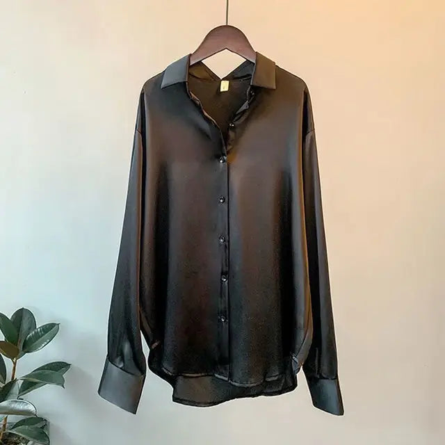 Women's Silk Button-Down Blouse - Relaxed Fit - Long Sleeve Elegant Shirt