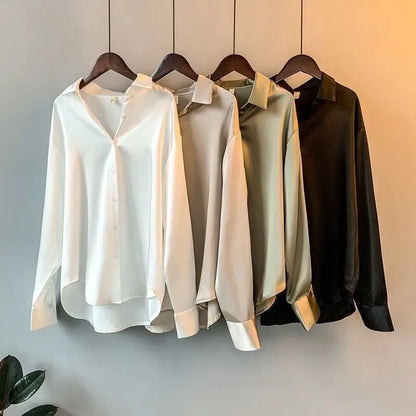 Women's Silk Button-Down Blouse - Relaxed Fit - Long Sleeve Elegant Shirt