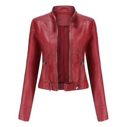 Women's plus size biker jacket with stand-up collar