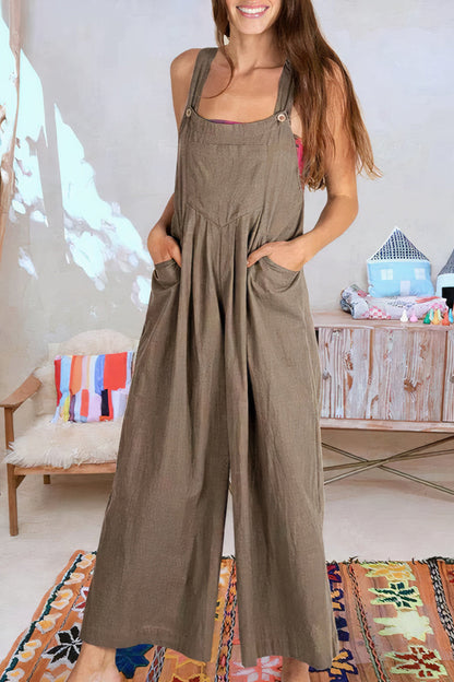 Women's Linen Jumpsuit - Loose Fit Wide-Leg - Sleeveless Adjustable Strap - Casual Wear