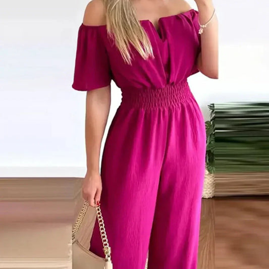 Off-Shoulder Shirred Waist Wide-Leg Jumpsuit