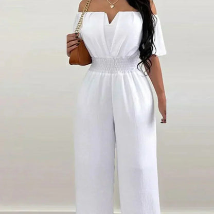Women's Off-Shoulder Jumpsuit - Shirred Elastic Waist - Wide-Leg Flowing Fit