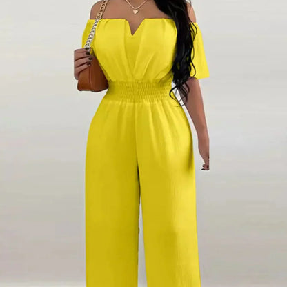 Women's Off-Shoulder Jumpsuit - Shirred Elastic Waist - Wide-Leg Flowing Fit