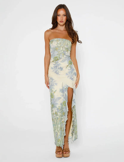 Women’s Maxi Dress – Strapless Fit – Bold Floral Print – High Slit – Flowy Fabric