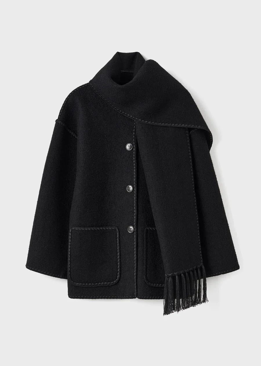 Women’s Wool Coat - Oversized Fit - Fringe Trim - Button-Up with Matching Scarf