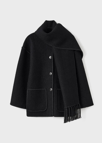 Women’s Wool Coat - Oversized Fit - Fringe Trim - Button-Up with Matching Scarf
