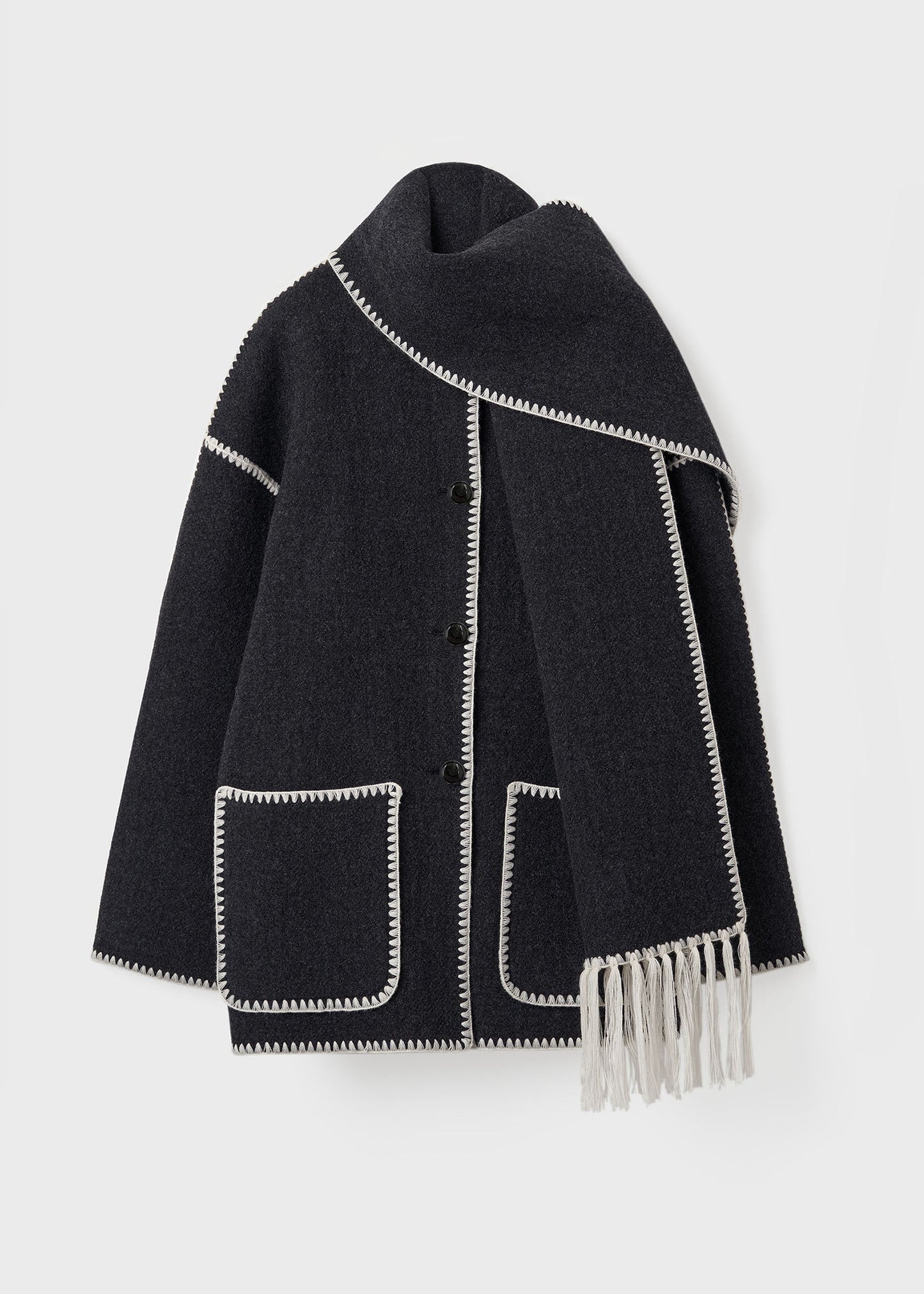 Women’s Wool Coat - Oversized Fit - Fringe Trim - Button-Up with Matching Scarf