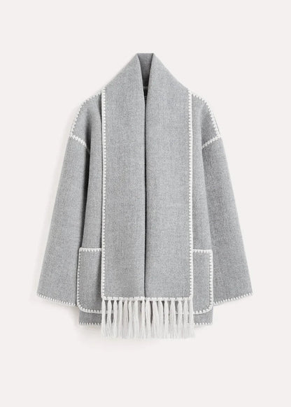 Women’s Wool Coat - Oversized Fit - Fringe Trim - Button-Up with Matching Scarf