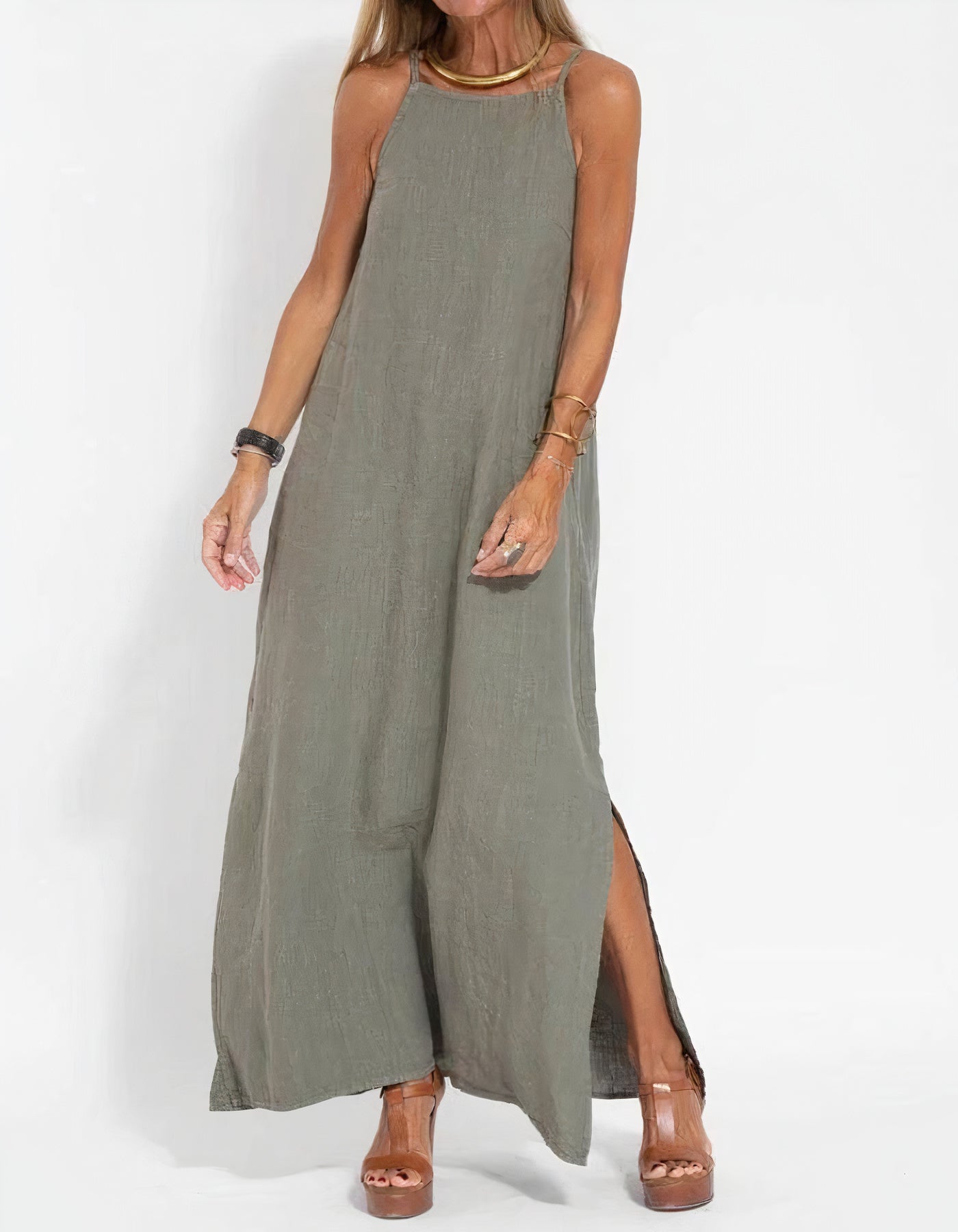 Women's Maxi Dress - Sleeveless Halter Neck - Lightweight Cotton Blend - Flowy Fit