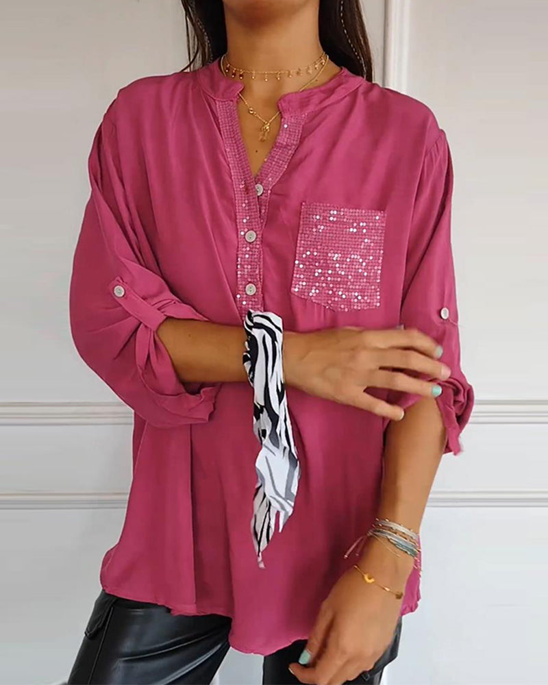 Women's Blouse - V-Neck Button Front - Sequin Detail - Rolled Sleeve Casual Fit