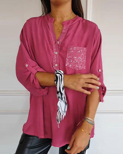 Women's Blouse - V-Neck Button Front - Sequin Detail - Rolled Sleeve Casual Fit