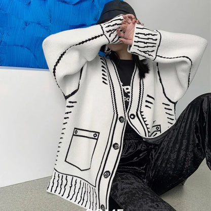 Women's black and white knitted loose slouchy cardigan
