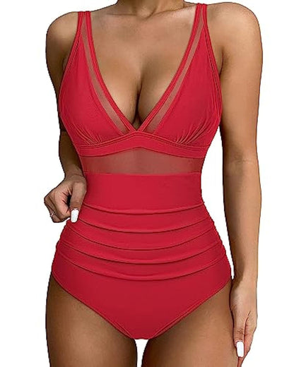 Women’s One-Piece Swimsuit – Contouring Fit – Mesh Panels – Deep V-Neck – Wide Straps