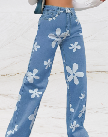 Women's printed high-waisted loose jeans