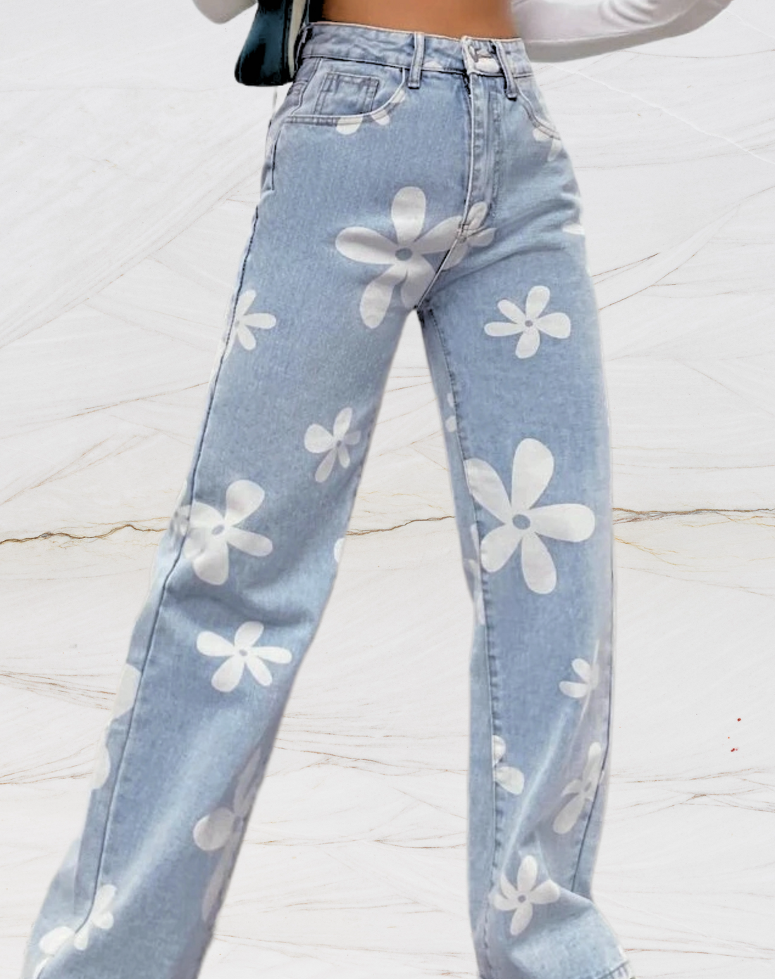 Women's printed high-waisted loose jeans