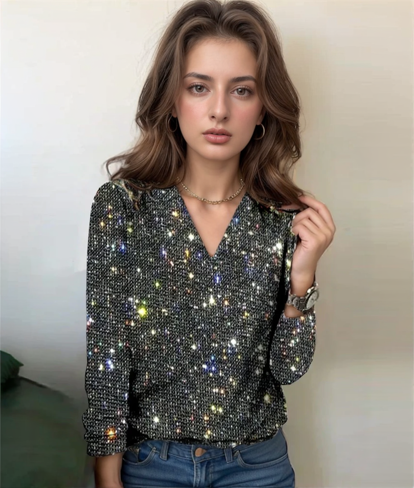 Women's sparkling printed V-neck long sleeve top, sequin party wear, elegant style