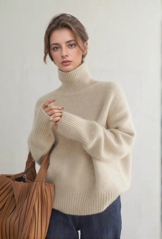 Women’s Turtleneck Sweater - Knitted Wool Blend - Relaxed Fit - Long Sleeve Ribbed Cuffs