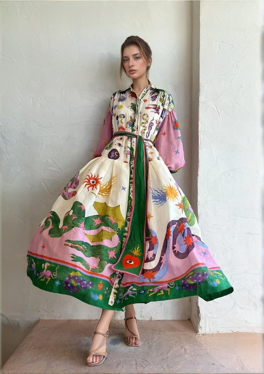 Women's Linen Maxi Dress - Fit-and-Flare Silhouette - Long Sleeve - Printed Collared Elegant Style
