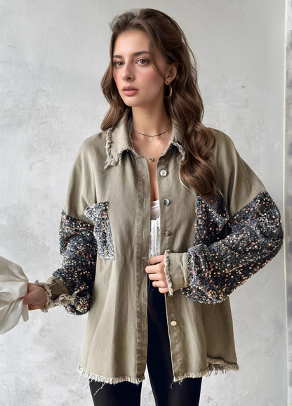 Women's Button-Up Jacket - Sequin Sleeves - Distressed Frayed Edges - Relaxed Fit