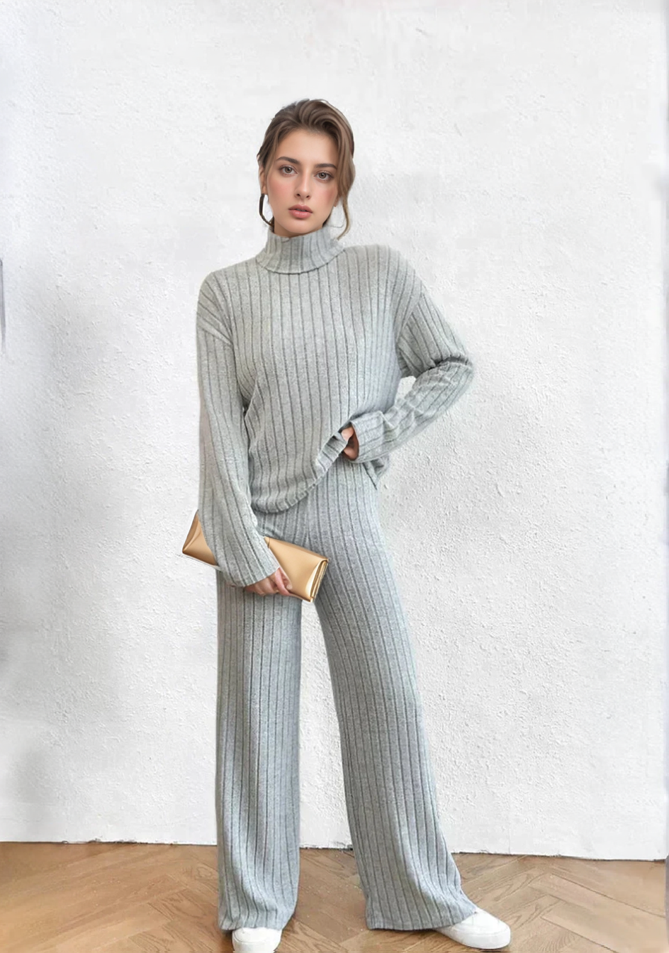 Women's 2-piece knit set with turtleneck sweater and pants