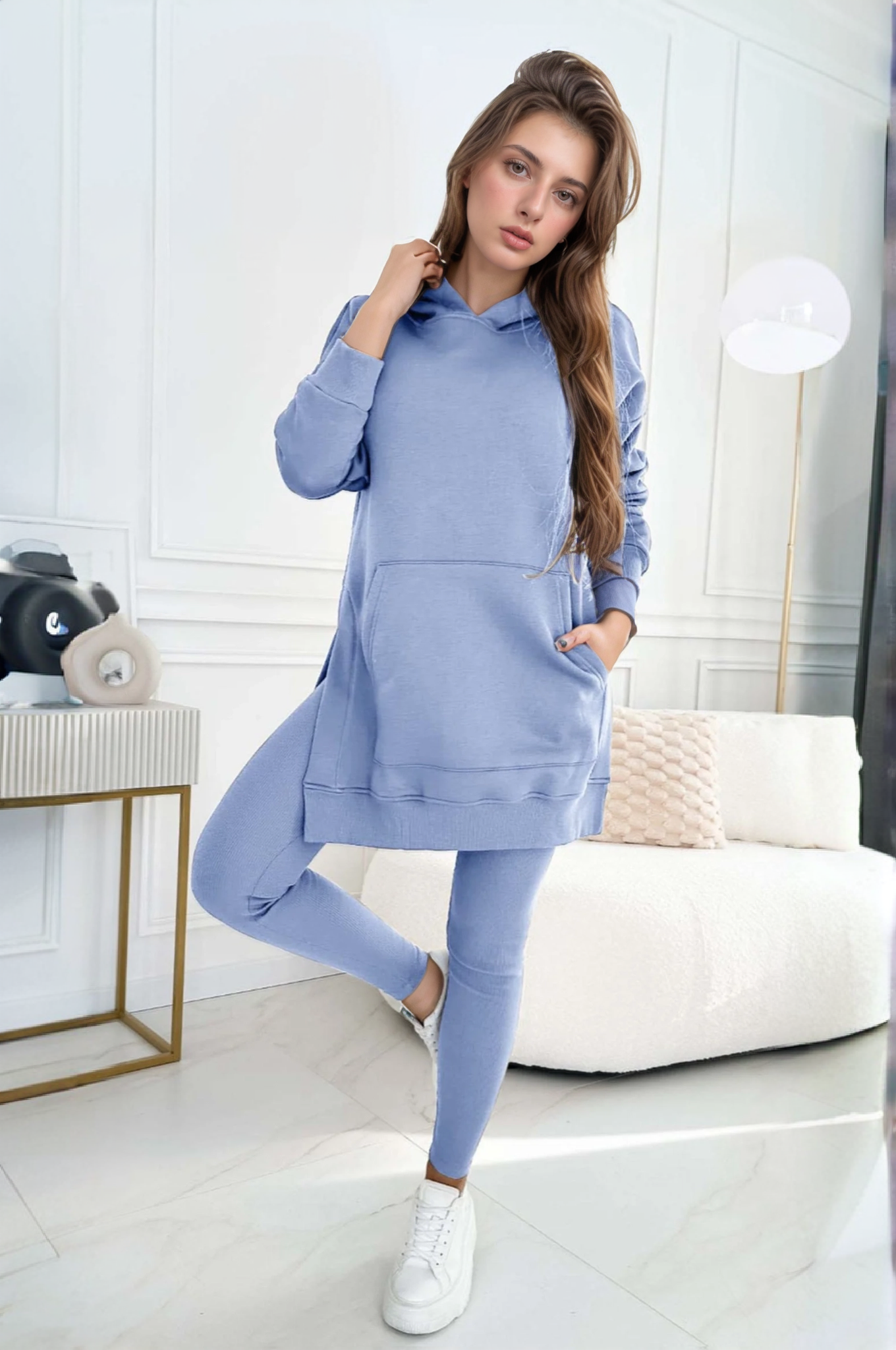 Women's mid-length slit hoodie sweatshirt and leggings set