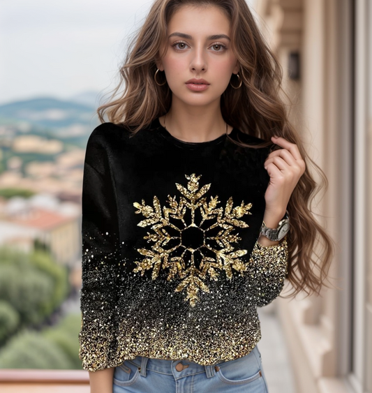 Snowflake Print Long Sleeve Pullover Top