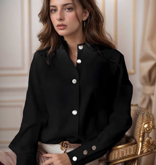 Metal Buckle Notched Long Sleeve Shirt