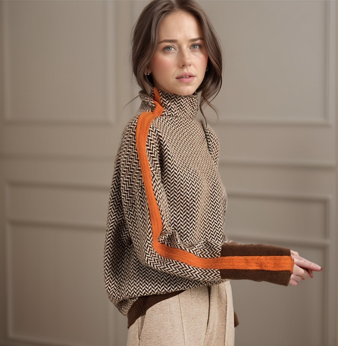 Women’s Turtleneck Sweater - Herringbone Knit - Relaxed Fit - Contrast Sleeve Stripes
