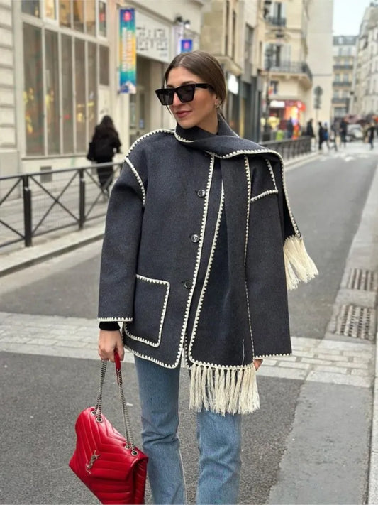 Fringe Trim Oversized Wool Coat