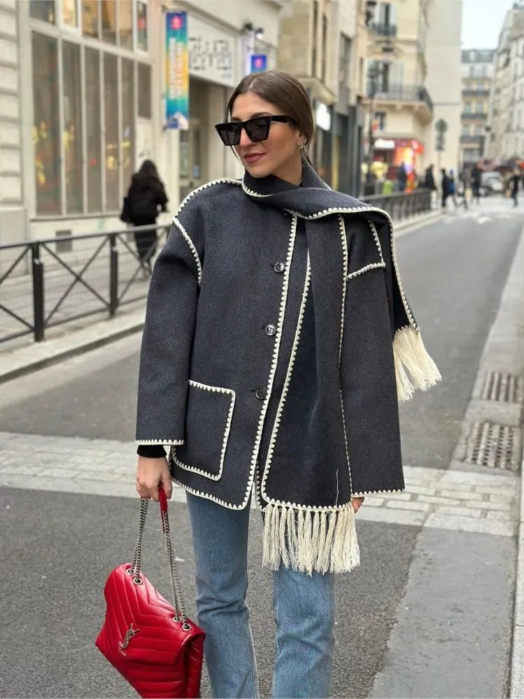 Women’s Wool Coat - Oversized Fit - Fringe Trim - Button-Up with Matching Scarf