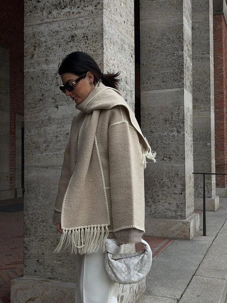 Women’s Wool Coat - Oversized Fit - Fringe Trim - Button-Up with Matching Scarf