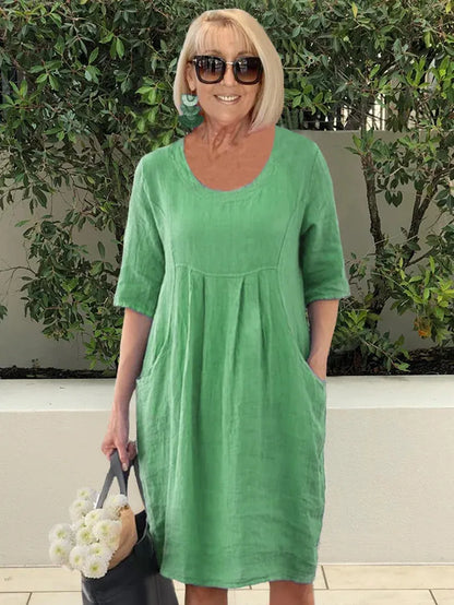 Women's Tunic Dress - Cotton Linen Blend - Relaxed Fit - Elbow Sleeve with Pockets