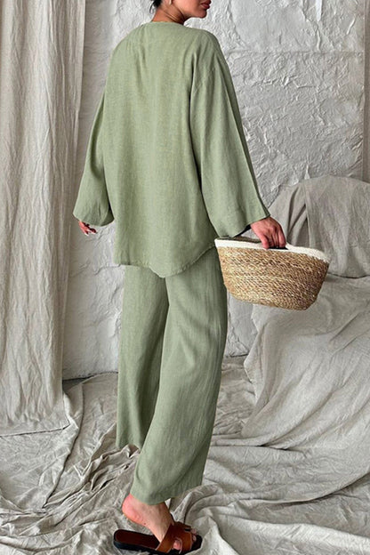Women's tie-front long sleeve shirt and loose long pants with pockets
